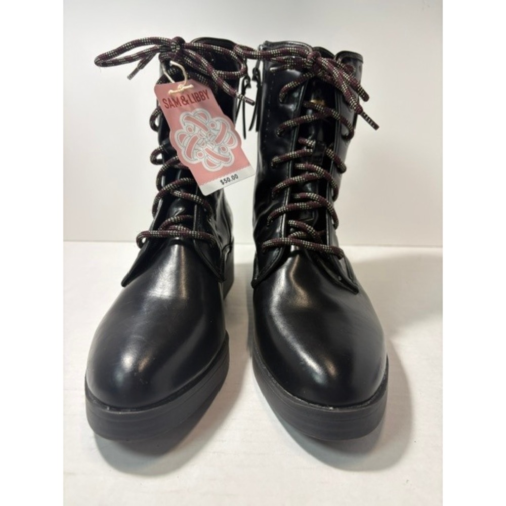 Sam & Libby Womens Black Faux Leather Lace Up Side Zip Combat Boots Size 9 NEW